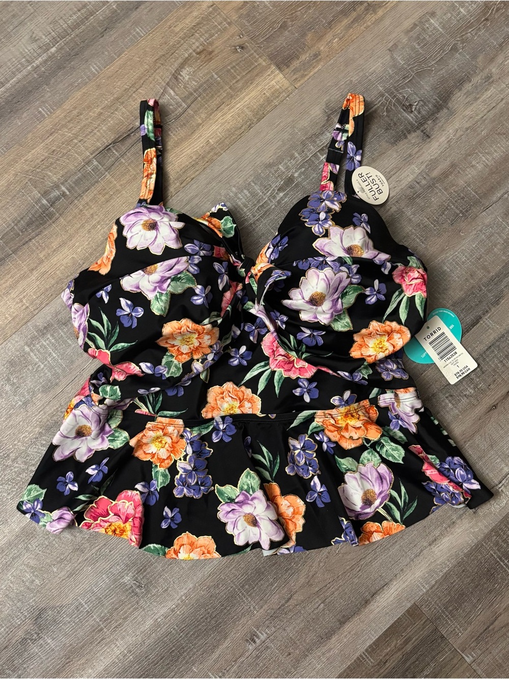 Torrid Black Floral Underwire Peplum Midkini Tankini Swim Top NWT Plus Size 1F